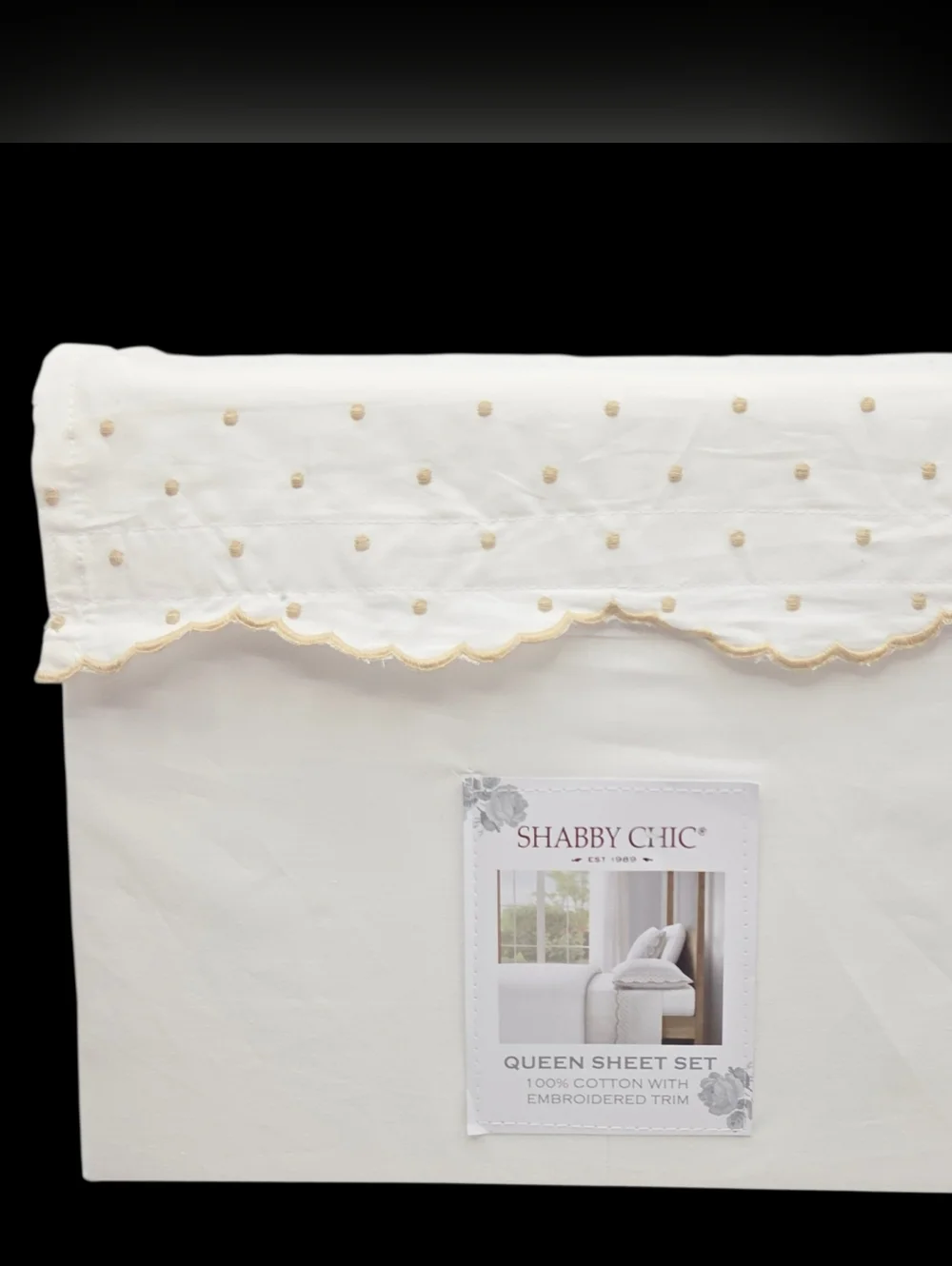Shabby Chic 4pc White Cotton Queen Sheet Set Embroidered Scalloped Tan Polka Dot